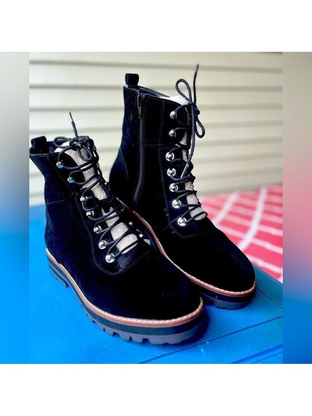Crown & Ivy NAOMI Black Suede/Fur Lined Lace Up/Zip Ankle Boots Women 11M